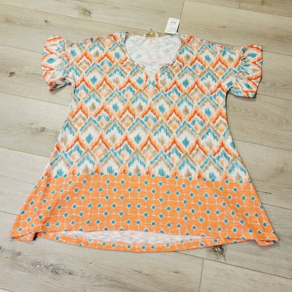 Womens Weekend Suzanne Betro Tribal Print Size M Top Shirt Tunic Orange Blue - Picture 1 of 4